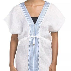 NWT Vitamin A Caftan Linen Swimwear Cover-up Medium M White / Blue Embroidered